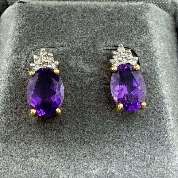 14K Yellow Gold Amethyst Diamond Earrings Studs Oval Pierced New Classic 90s - Picture 7 of 8